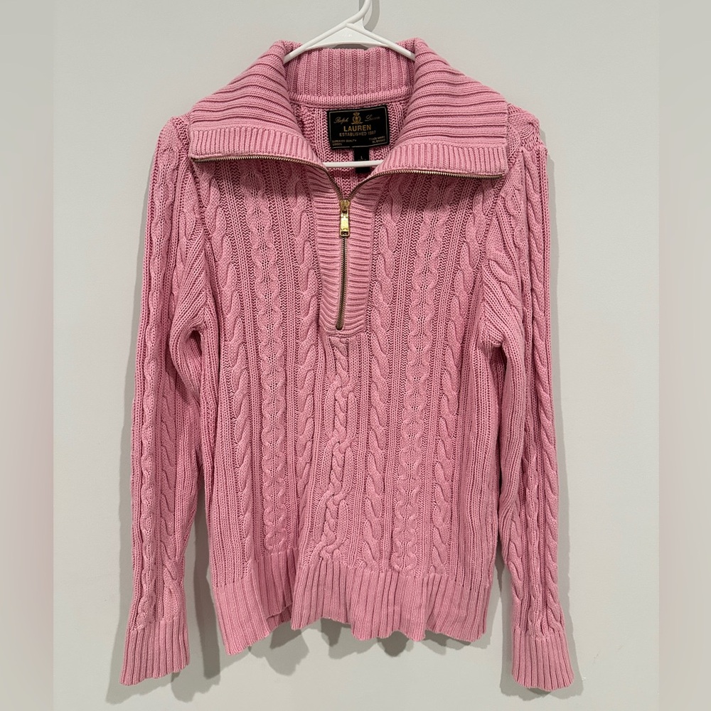 Ralph Lauren Pink Cable-Knit Half-Zip Turtleneck Sweater